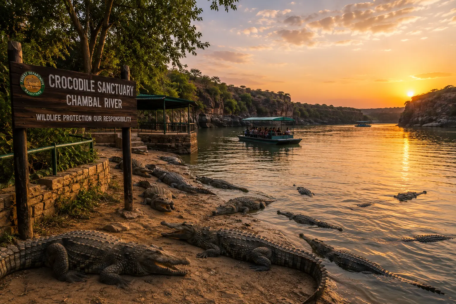 Chambal River with crocodiles at Palighat