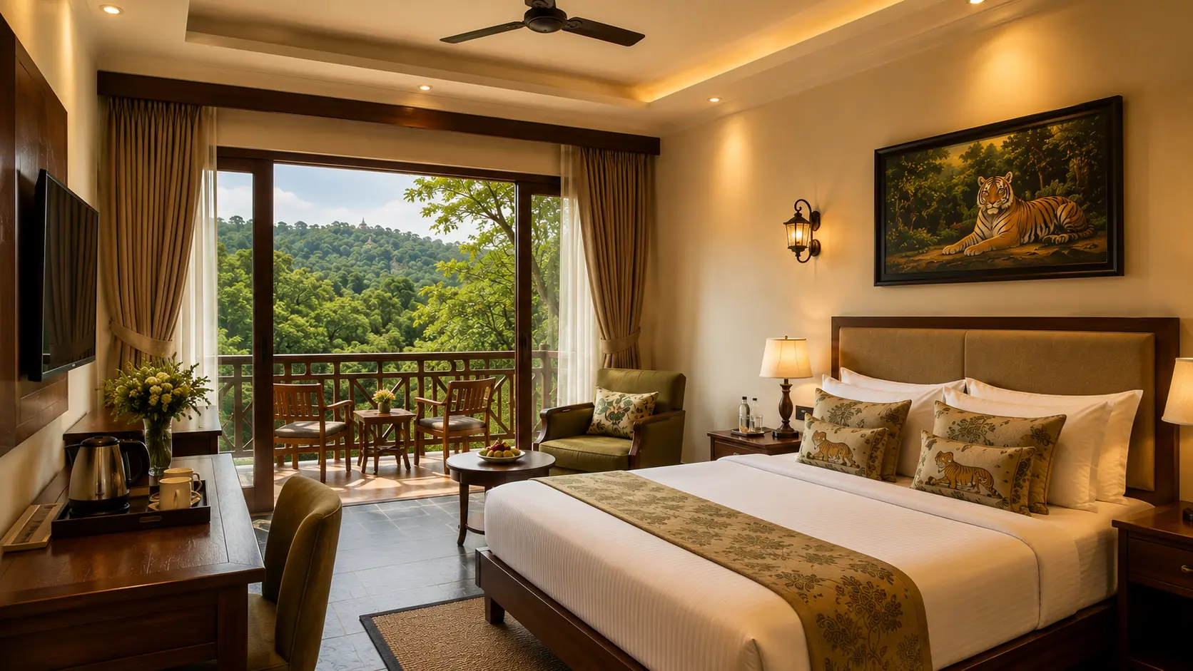 Deluxe Room interior with king bed and garden view